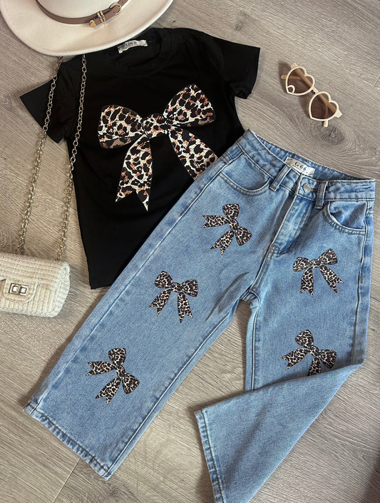 T-shirt - leopard bow zwart